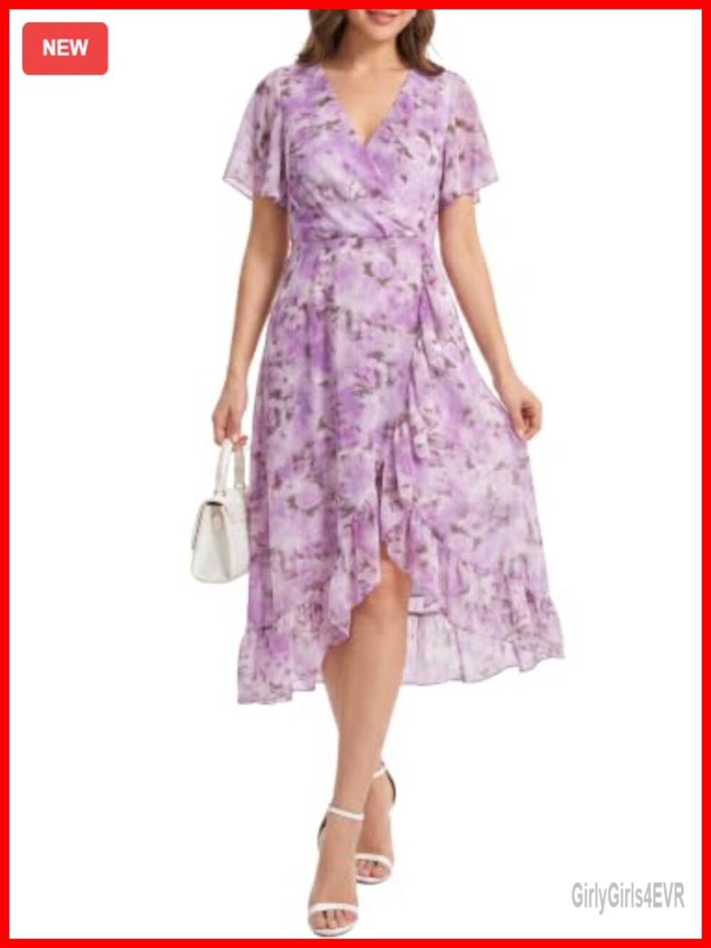 Women's Wrap V Neck Ruffle Chiffon Midi Dress
